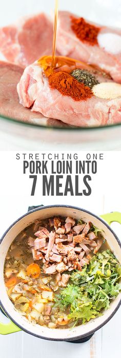 the ingredients for pork loin into 7 meals are being poured in a large pot