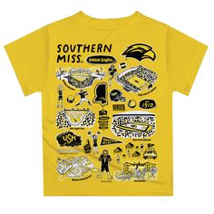 Let your kiddo look cool in his new Vive La Fete Impressions hand sketched artwork boys tee shirt. Let him play, go to the game, and cheer loudly and proudly with his Southern Mississippi Golden Eagles gear by Vive La Fete.Celebrate and cheer on game day with our classic design Southern Mississippi Golden Eagles Short Overstitched Crew Neck Sleeve Top. Officially Licensed product sold by Vive La Fete.This awesome graphics, fun and game day crew neck t-shirt features officially licensed Southern Yellow School Spirit Graphic Print Top, Yellow Graphic Print Top For School Spirit, Eagles Colors, Eagles Gear, Southern Miss Golden Eagles, Southern Mississippi, Golden Eagles, Hand Sketch, Boy Tees