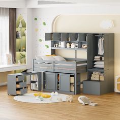 a child's bedroom with bunk beds, desks and storage units in it