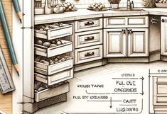 a drawing of a kitchen with lots of drawers