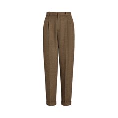 Crafted with wool-blend tweed these tailored pants are defined by a pleated front waist construction and a tapered silhouette with folded cuffs. Tweed Trousers Womens, Tailored Tweed Fall Bottoms, Classic Tailored Tweed Bottoms, Luxury Tailored Tweed Bottoms, Classic Tweed Trousers, Sweatpants And Sweater, Cool Brown, Wimbledon Fashion, Tweed Pants