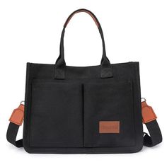 a black handbag with two pockets on the front and one pocket in the back