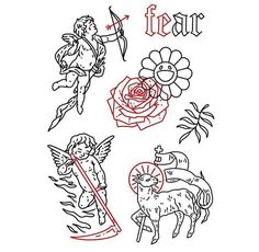 some tattoos that are on the back of a sheet of paper with angels and flowers