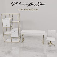 a white desk and chair in front of a wall with the words, luxury lake suites