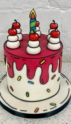 a red and white cake sitting on top of a table