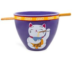 PRICES MAY VARY. Ramen Made Fun: Lucky Cat gives a paw of approval to slurp up some noodles with this adorable ramen dinnerware set. Inspired by traditional Japanese dining, this ramen set will bring some extra luck to your home kitchen collection. Kawaii Design: This collectible ramen set is based on the traditional idol maneki neko, the waving lucky cat seen in Japanese culture. The purple ramen bowl features a cute graphic that depicts Lucky Cat enjoying a bowl of noodles. Spacious Slurpin' S Lightning Pattern, Japanese Dinner, Noodles Lover, Japanese Dining, Ramen Noodle Soup, Ceramic Dinnerware Set, Art Kawaii, Ramen Noodle, Ramen Bowl