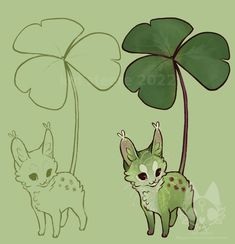 a drawing of two animals next to a four leaf clover