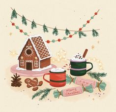 a christmas card with a gingerbread house and hot chocolate