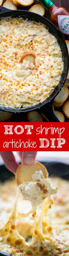 hot shrimp and artichoke dip in a cast iron skillet with crackers on the side