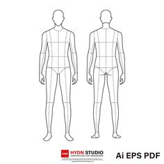 the front and back view of a man's body, with lines drawn on it