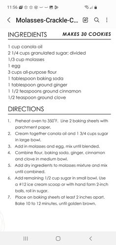 the recipe for molasss crackle cookies is shown on an iphone screen, with instructions to make it