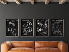 three black and white drawings hang on the wall above a leather couch in a living room