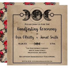 an old fashioned wedding card with roses and the moon on it's side, in black ink