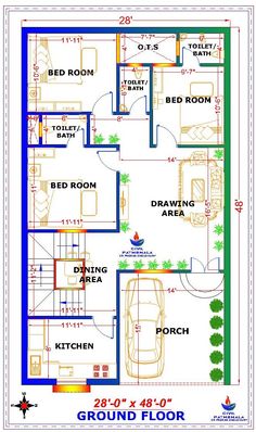 two story house plan with 3 bedroom and 2 bathrooms in the ground floor, which is also