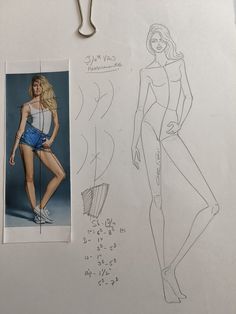 a drawing of a woman in short shorts and heels next to a cutout of a model