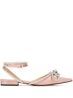 light pink calf leather satin finish buckle-fastening ankle strap oversize bow detail crystal embellishment pointed toe branded insole flat sole Elegant Pink Flats With Removable Insole, Elegant Pink Flats For Party, Feminine Pink Flats For Evening, Elegant Pink Party Flats, Elegant Pink Evening Flats, Pink Leather Flats For Evening, Pink Leather Party Flats, Pink Closed Toe Evening Flats, Pink Closed Toe Flats For Evening