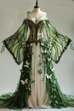 Fae Ball Dress, Nature Themed Dress, Fairy Dresses Aesthetic, Green Fantasy Gown, Fantasy Aesthetic Outfits, Fantasy Costume Ideas, Enchanted Forest Gown, Green Butterfly Dress, Fairy Outfit Ideas