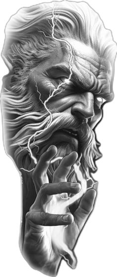 a drawing of an old man with lightning coming out of his mouth and hands on his face