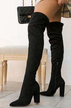 STOCK UNIT: 12B5 SIZE & FIT Shoe Height Approx: 25.75" Heel Height Approx: 4" Boot Entry Circumference: 17.5" True to Size All measurements are made on a size 6.5. There may be slight measurement variations based on size. PRODUCT DETAILS Pull On Style    Back Tie Closure Black Faux Suede Boot  Inward Zipper Closure Black Boots For Women Knee High, Cheap Black Knee-high Boots, Long Black Boots With Heel, Cheap Black Ankle-high Heels, Stelleto Boot Heel Black Dress, Cheap Long Black Boots, Stelleto Boot Heel With Dress, Black Boots For Women Long, High Leg Black Boots