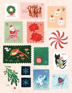 stamps with christmas designs on them are arranged in different colors and sizes, including red, green