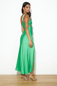 Green Satin Stretch Midi Dress, Green Stretch Satin Midi Dress, Green Fitted Satin Knee-length Dress, Fitted Green Maxi Dress With Bias Cut, Rayon Midi Dress With Bias Cut, Rayon Bias-cut Midi Dress, Bias Cut Rayon Midi Dress, Sleeveless Silk Stretch Midi Dress, V-neck Stretch Satin Midi Dress