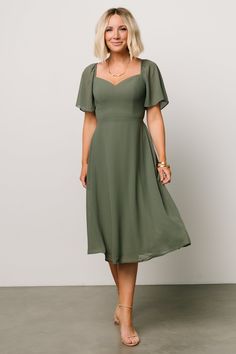 Colette Sweetheart Midi Dress | Dark Sage - Baltic Born Fitted Chiffon Midi Dress For Bridesmaids, Spring Dress With Ruched Bodice And Flutter Sleeves, Bridesmaid Midi Dress With Sweetheart Neckline And Ruffles, Solid Chiffon Dresses For Date Night, Fitted Chiffon Midi Dress With Sweetheart Neckline, Elegant Midi Dress With Flutter Sleeves For Date Night, Elegant Chiffon Dress With Square Neck, Chiffon Square Neck Dress For Date Night, Fitted Chiffon Midi Dress With Square Neck