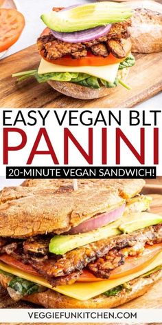 an easy vegan blt panini sandwich on a cutting board with text overlay