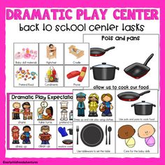 a pink poster with words and pictures on it that say dramatic play center back to school center tasks