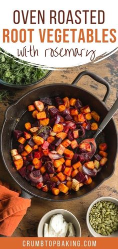 roasted root vegetables with rosemary in a cast iron skillet, surrounded by other ingredients