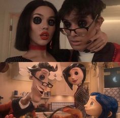 two dolls in the same photo, one with fake eyes and another with fake heads