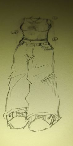 a drawing of a man's pants and hat is shown in black ink on white paper