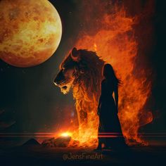 a woman standing next to a lion in front of a full moon and red fire