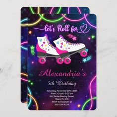 roller skate birthday party card with neon lights and confetti on the bottom,