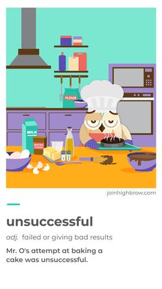 an owl is cooking in the kitchen with food on the counter and words that read, unsucesful