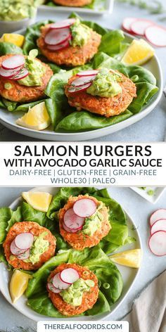 salmon burgers with avocado and garlic sauce are served on lettuce leaves