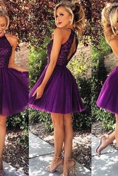 Simple Party Dress, Purple Homecoming Dress, Green Homecoming Dresses, Homecoming Dress Short, Tulle Homecoming Dress, Purple Beaded, Beaded Tulle, Graduation Dresses, Dress Halter