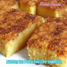 several pieces of cake sitting on top of a white plate with the words paster de fuca fatty sarros