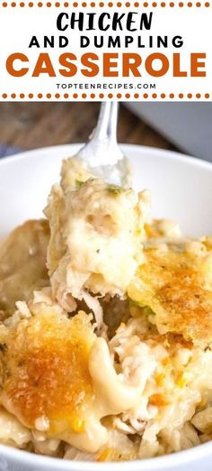 chicken and dumpling casserole in a white bowl with text overlay that reads chicken and dumpling casserole