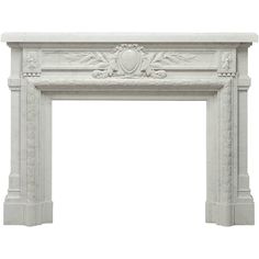 a white marble fireplace mantel with an ornate design