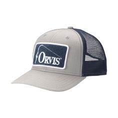 the orviss trucker hat in grey and navy is shown on a white background