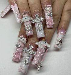 Nails Long Square, Pink Press On Nails, Junk Nails, Press On Nails Long, Star Nail, Nails 3d