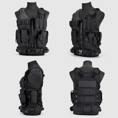 three different views of the back and side of a body armor with multiple pockets on it