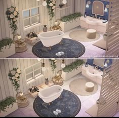 two pictures of a bathroom with tub, toilet and flower arrangement on the rugs