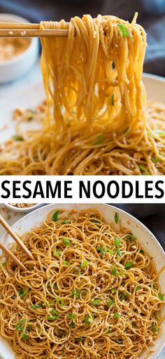 two pictures with noodles and chopsticks in them, one has sesame noodles and the other has scallions