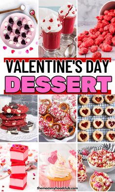 valentine's day dessert collage with pink and red hearts