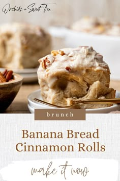 banana bread cinnamon rolls with maple syrup frosting and pecans in the background on a white plate