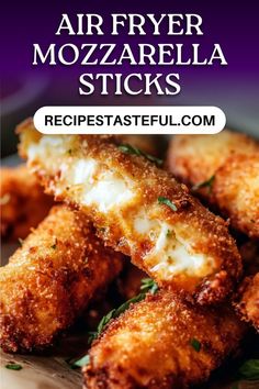 air fryer mozzarella sticks with text overlay that reads, air fryer mozzarella sticks recipe