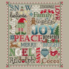 a cross stitch pattern with words on it and christmas decorations in red, green, white and blue