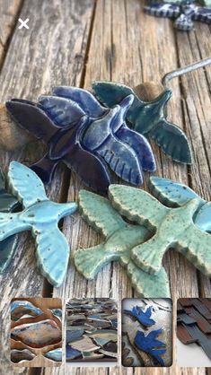 several different pictures of blue and green ceramic flowers on a wooden table with text overlay