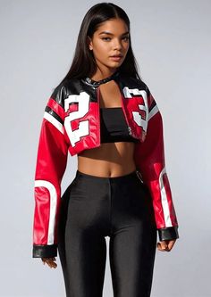 🏁 Stand Out in Style: The Cropped Varsity Leather Jacket Revamp your wardrobe with a striking touch of sporty glam! This Cropped Varsity Leather Jacket brings together bold aesthetics and a trendsetting silhouette to create a fashion statement that demands attention. 🧵 Product Details: Material: Premium synthetic leather for a sleek, high-shine finish. Fit: Tailored cropped fit that accentuates the waistline. Design Features: Iconic number '23' emblazoned across the chest for that winning edge Leather Jacket Cropped, Skirt Set Outfit, Cropped Faux Leather Jacket, Extra Fashion, Faux Leather Jacket Women, Short Leather Jacket, Varsity Jacket Women, Leather Varsity Jackets